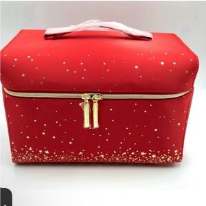 Estee Lauder Cosmetic Makeup Bag Zipper Red / Gold Stars Train Case With Handle